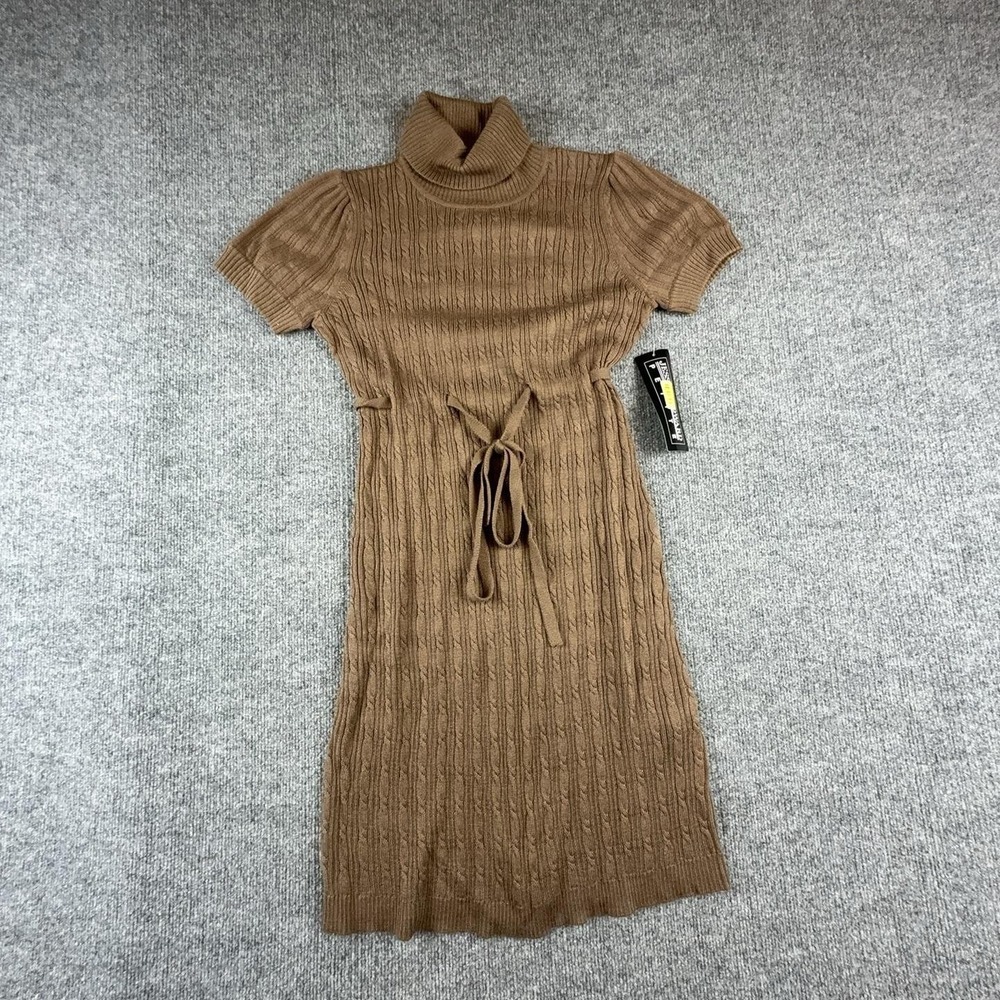 Jessica Howard Brown Turtleneck Sweater Dress Womens PS Petite Belted Cable Knit